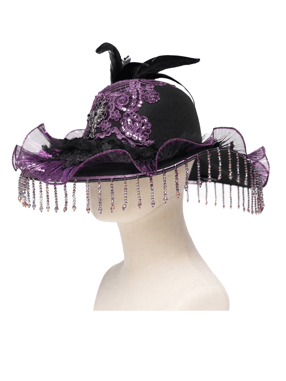 Elegant Wide Brim Hat with Lace Cross and Bead Fringe featuring lace, feathers, and crystal beaded fringe.