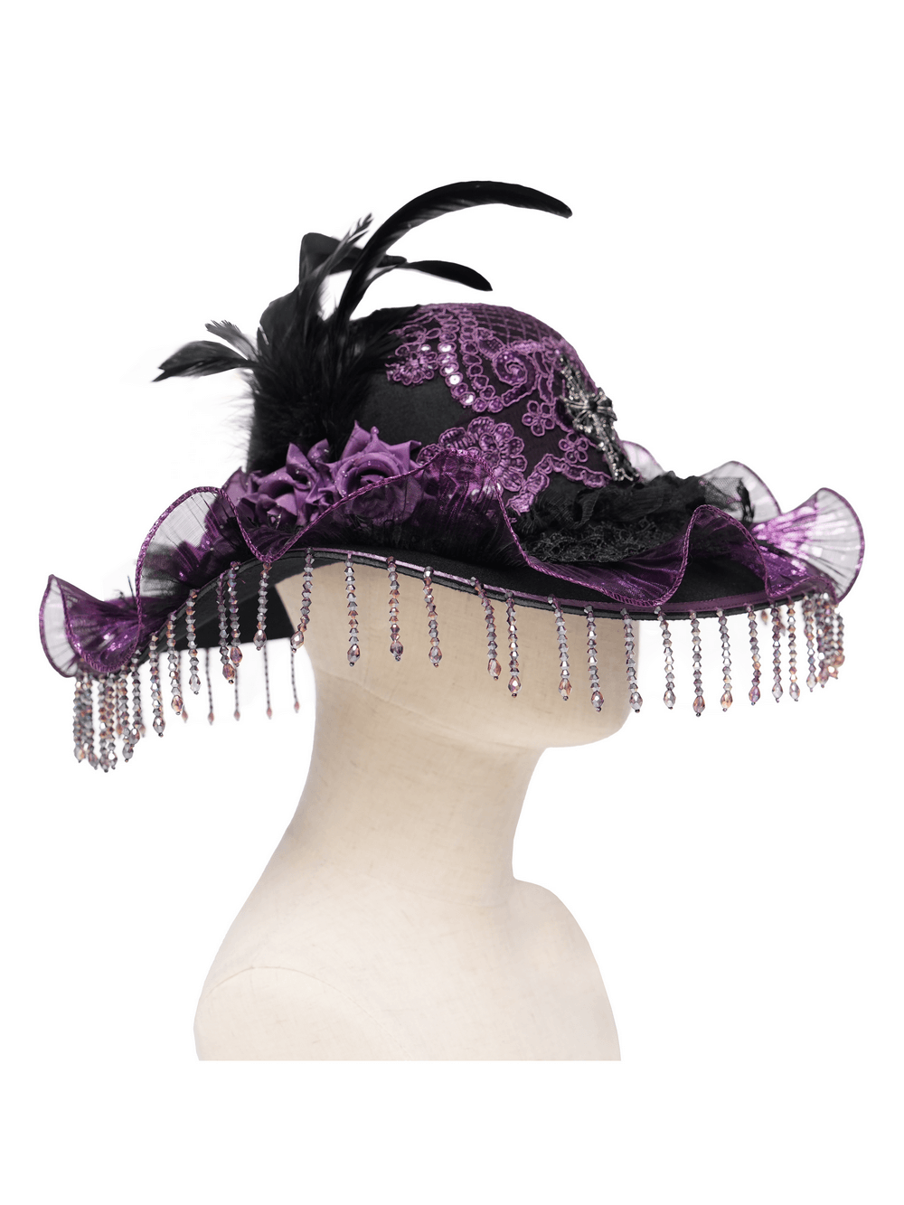 Elegant Wide Brim Hat with Lace Cross and Bead Fringe showcasing feathers and purple accents.
