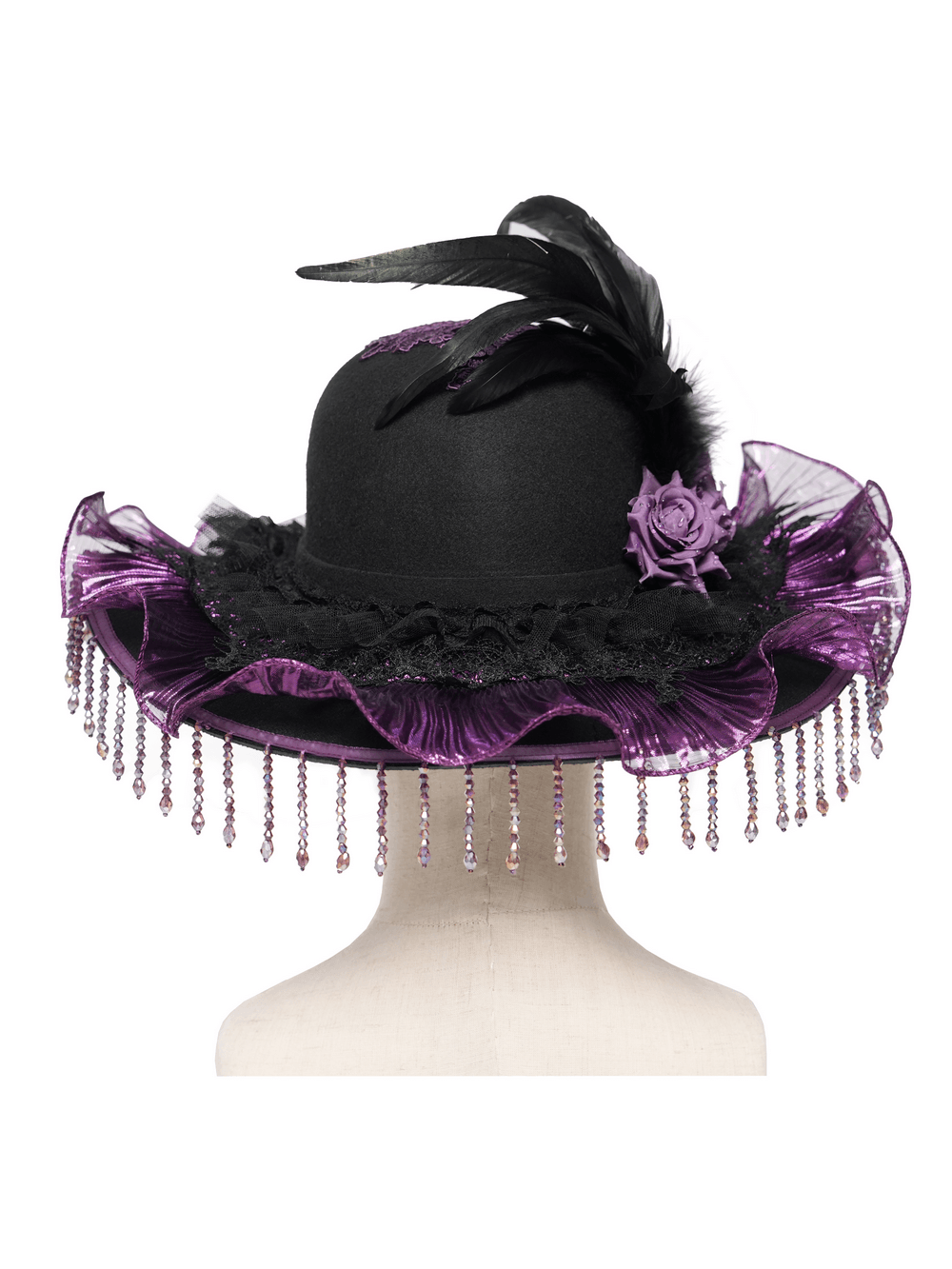 Elegant Wide Brim Hat with Lace Cross and Bead Fringe showcasing purple ruffled trim and feather accents.