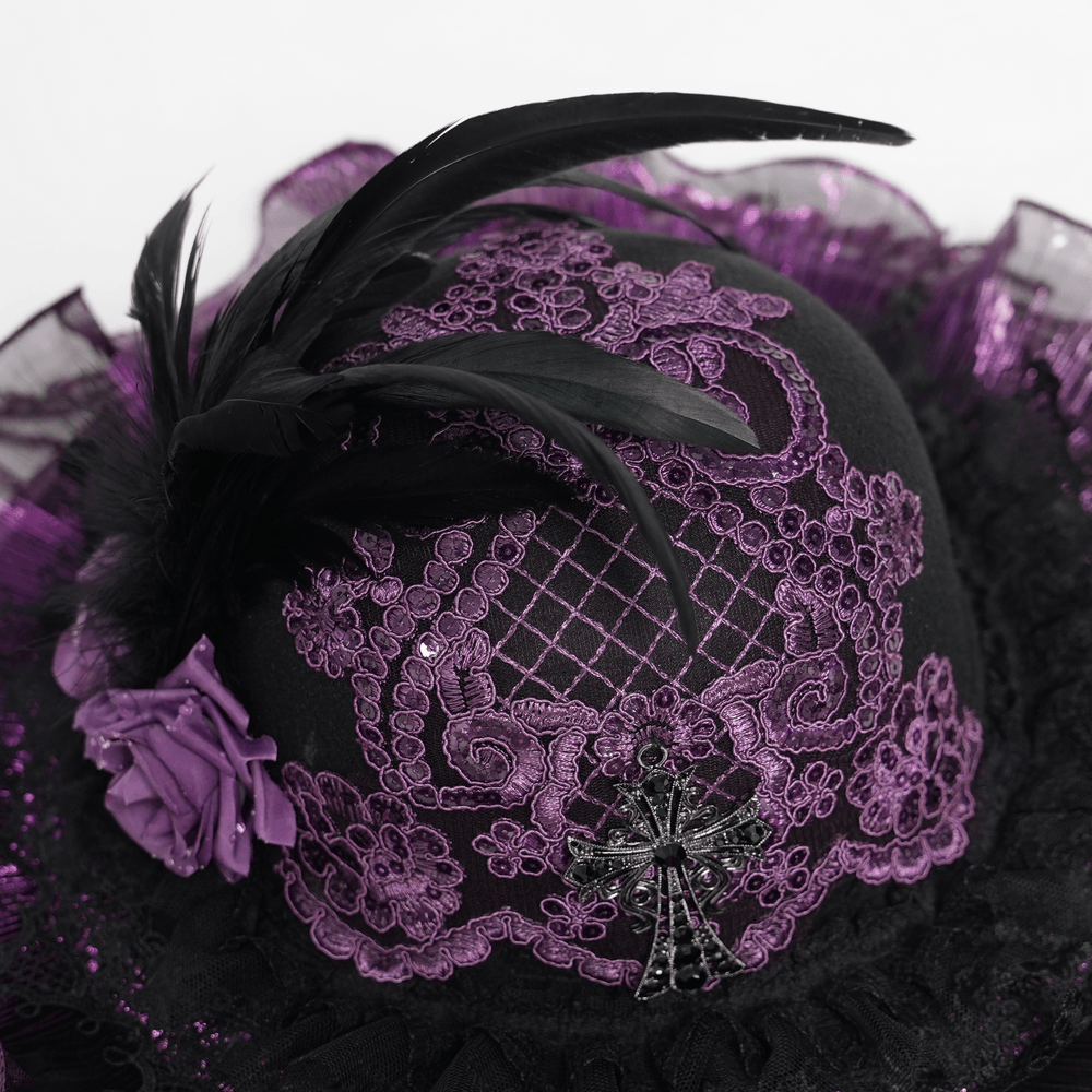 Elegant Wide Brim Hat with Lace Cross and Bead Fringe featuring lace, feathers, and rose accents in black and purple.