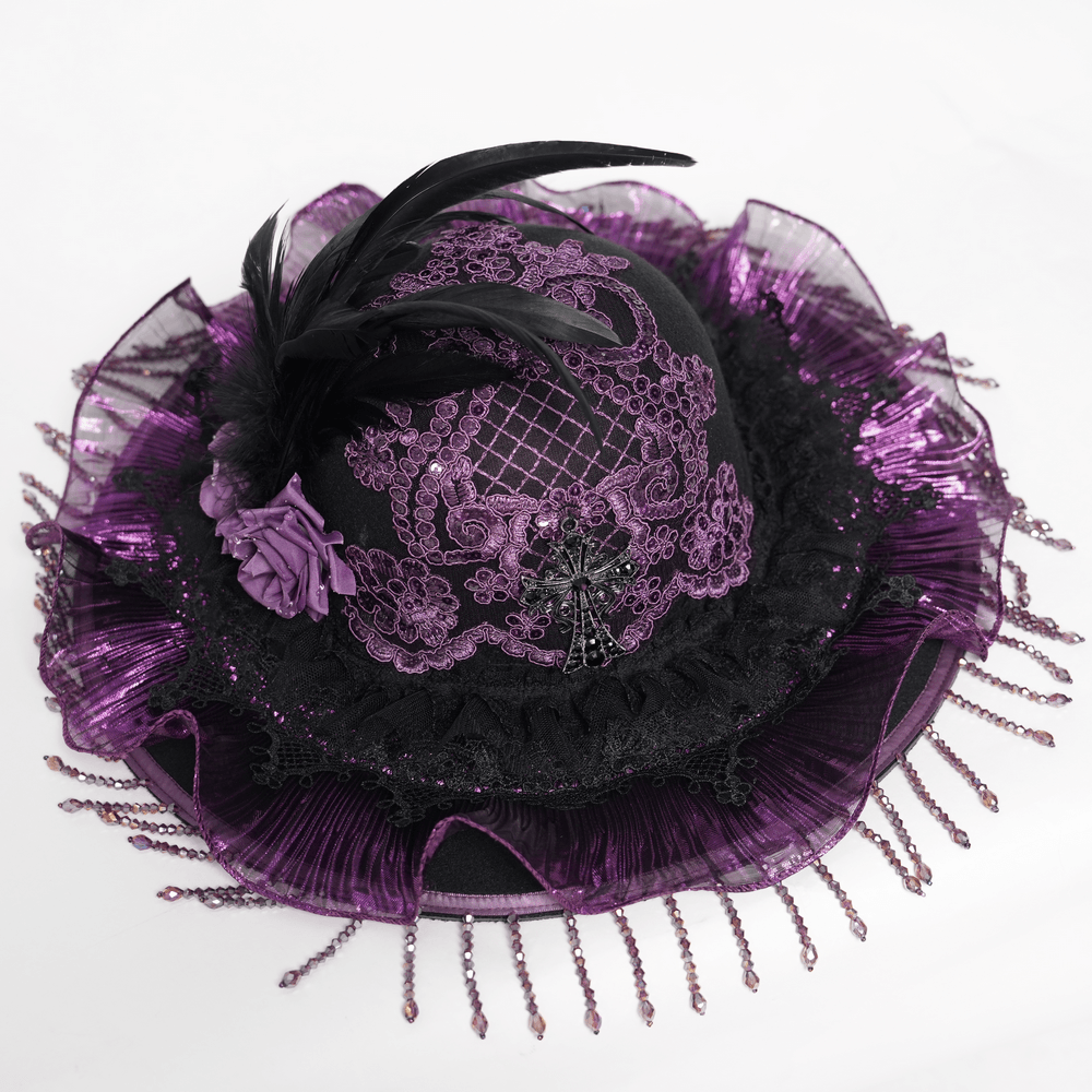 Elegant Wide Brim Hat with Lace Cross and Bead Fringe featuring purple lace, feathers, and beaded fringe accents.
