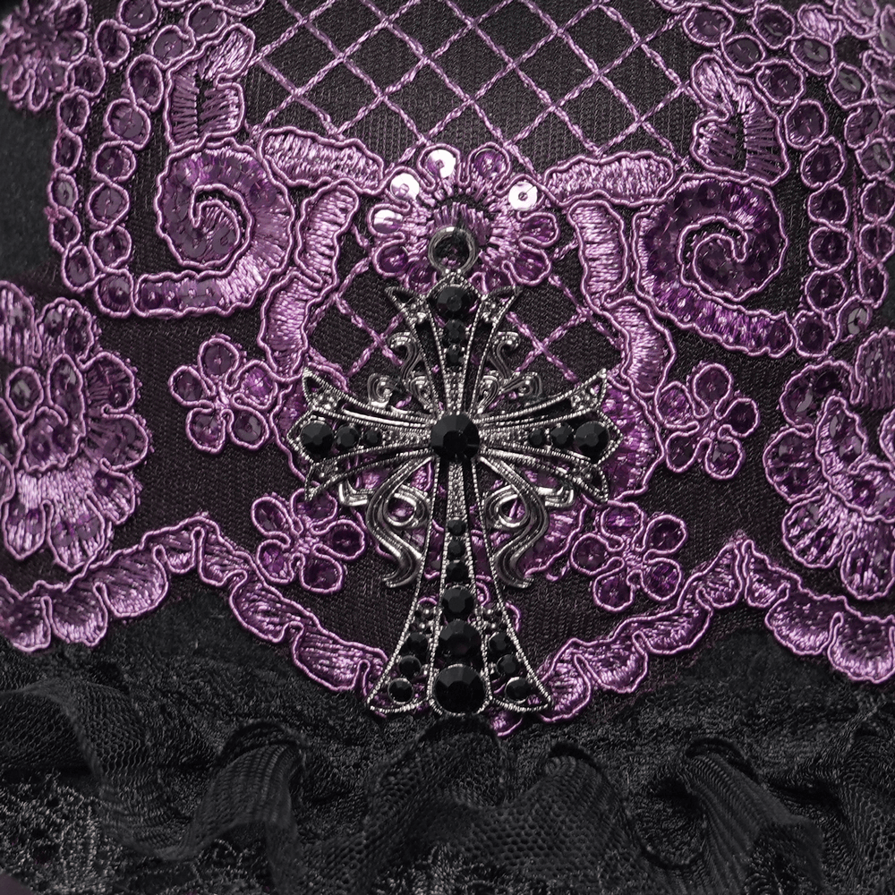 Elegant Wide Brim Hat with Lace Cross and Bead Fringe detail showcasing ornate lace and cross applique.