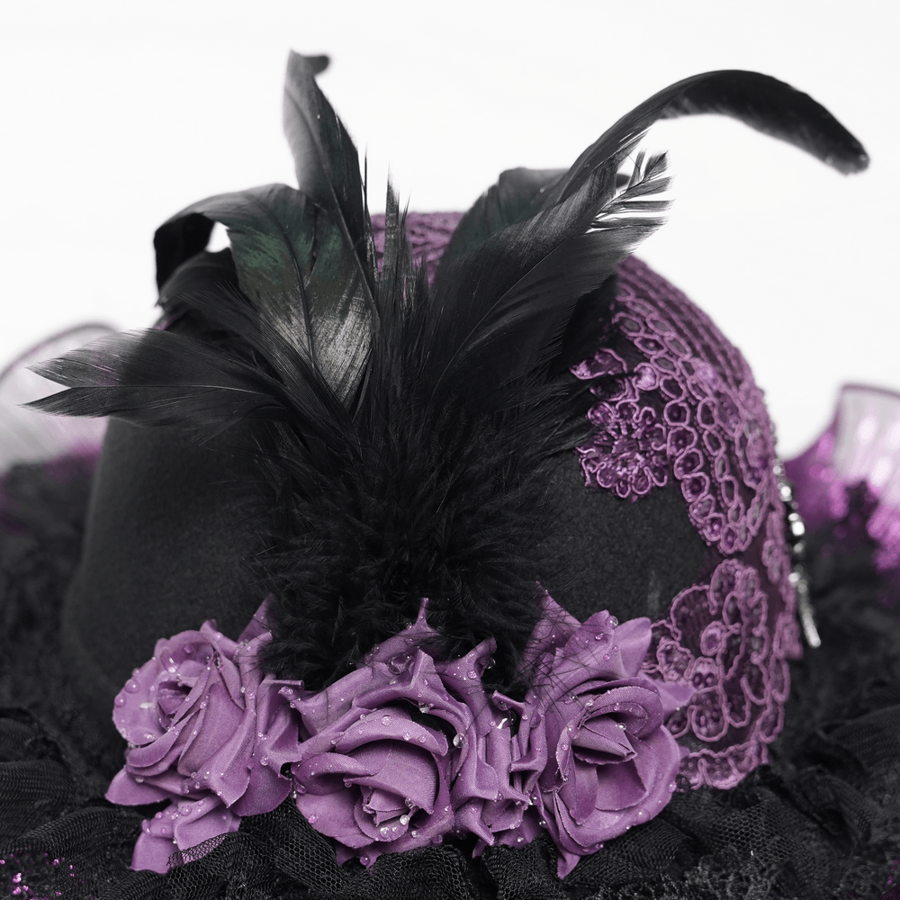 Elegant Wide Brim Hat with Lace Cross and Bead Fringe featuring black and purple feathers and rose trim.