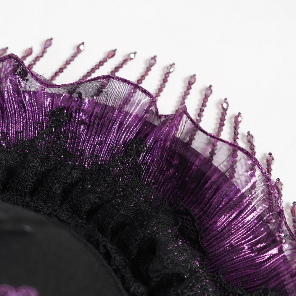 Elegant Wide Brim Hat with Lace Cross and Bead Fringe showing intricate ruffled brim and beaded fringe details.
