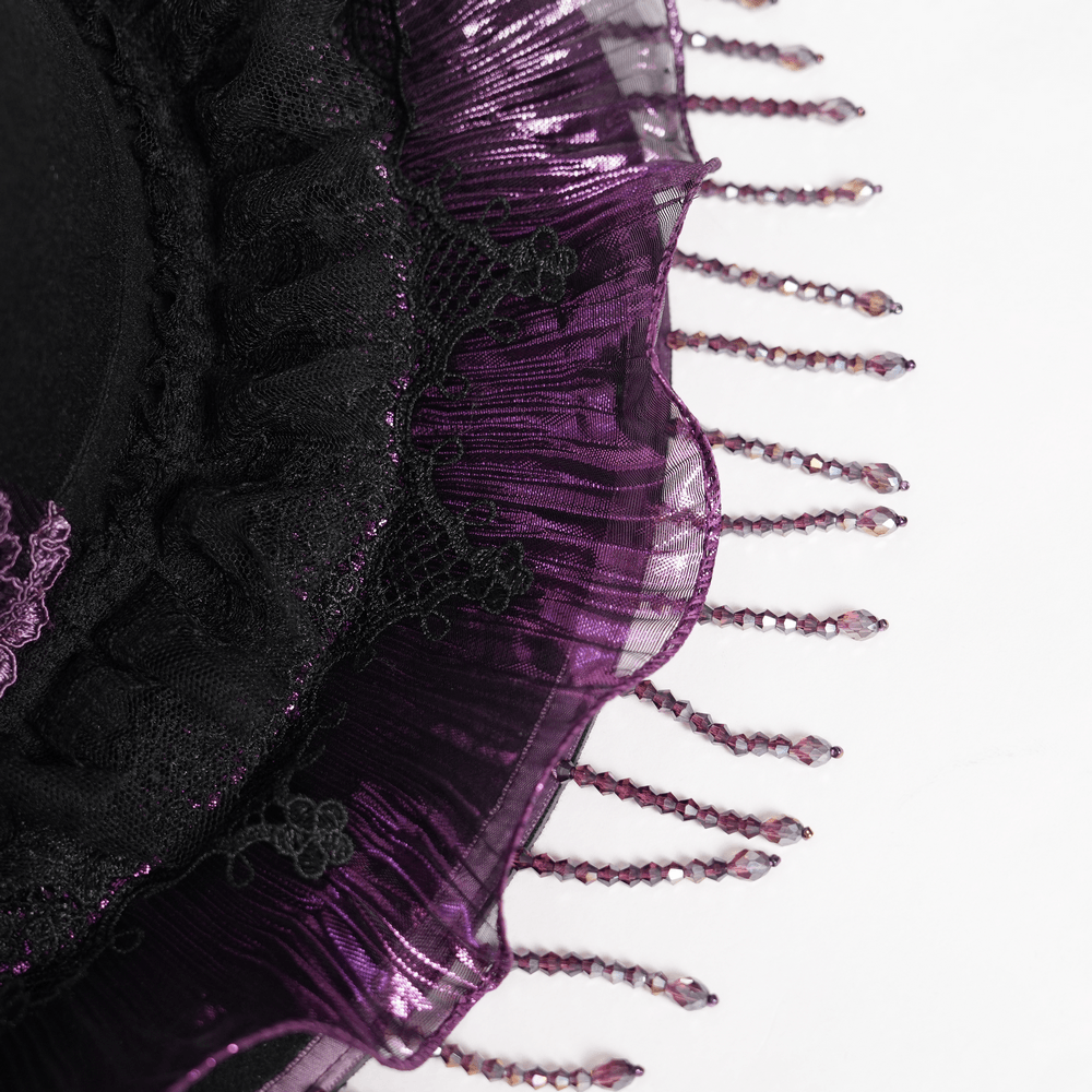 Elegant Wide Brim Hat with Lace Cross and Bead Fringe showing intricate purple lace and beaded detail.
