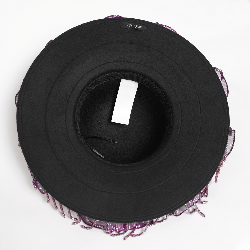 Elegant Wide Brim Hat with Lace Cross and Bead Fringe - view of the inner crown detailing.