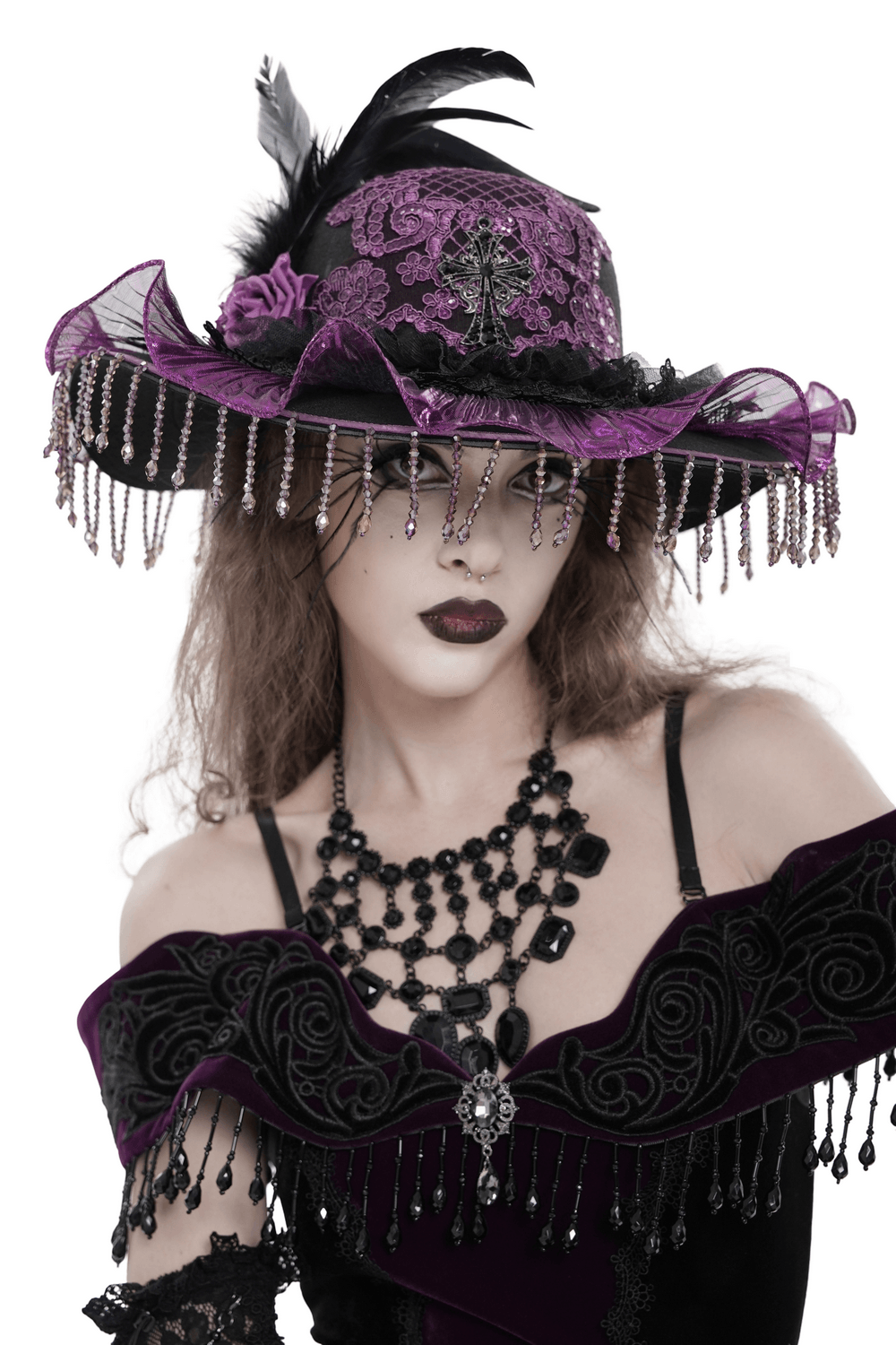 Elegant Wide Brim Hat with Lace Cross and Bead Fringe features black and purple lace, feathers, and beaded fringe.