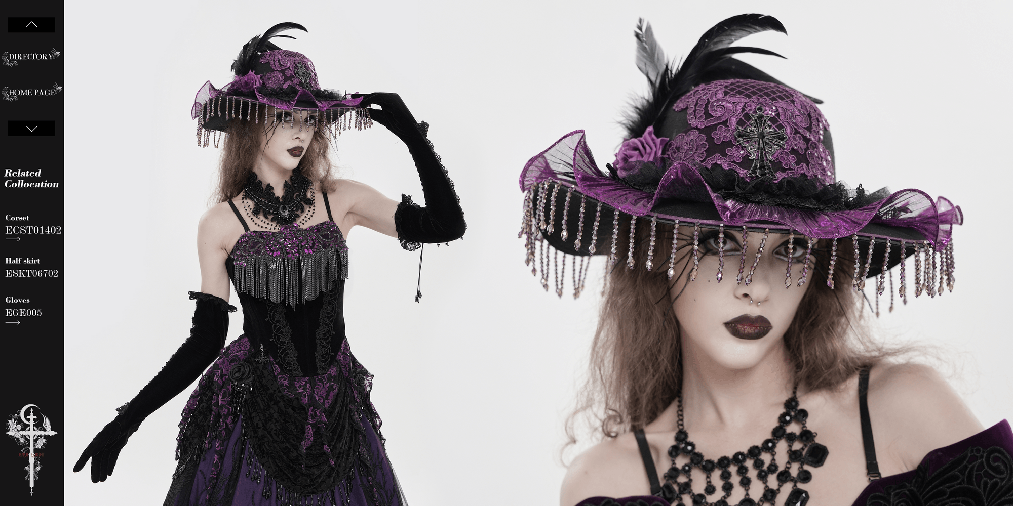 Elegant Wide Brim Hat with Lace Cross and Bead Fringe worn by a model in gothic attire, showcasing dramatic rose and feather details.