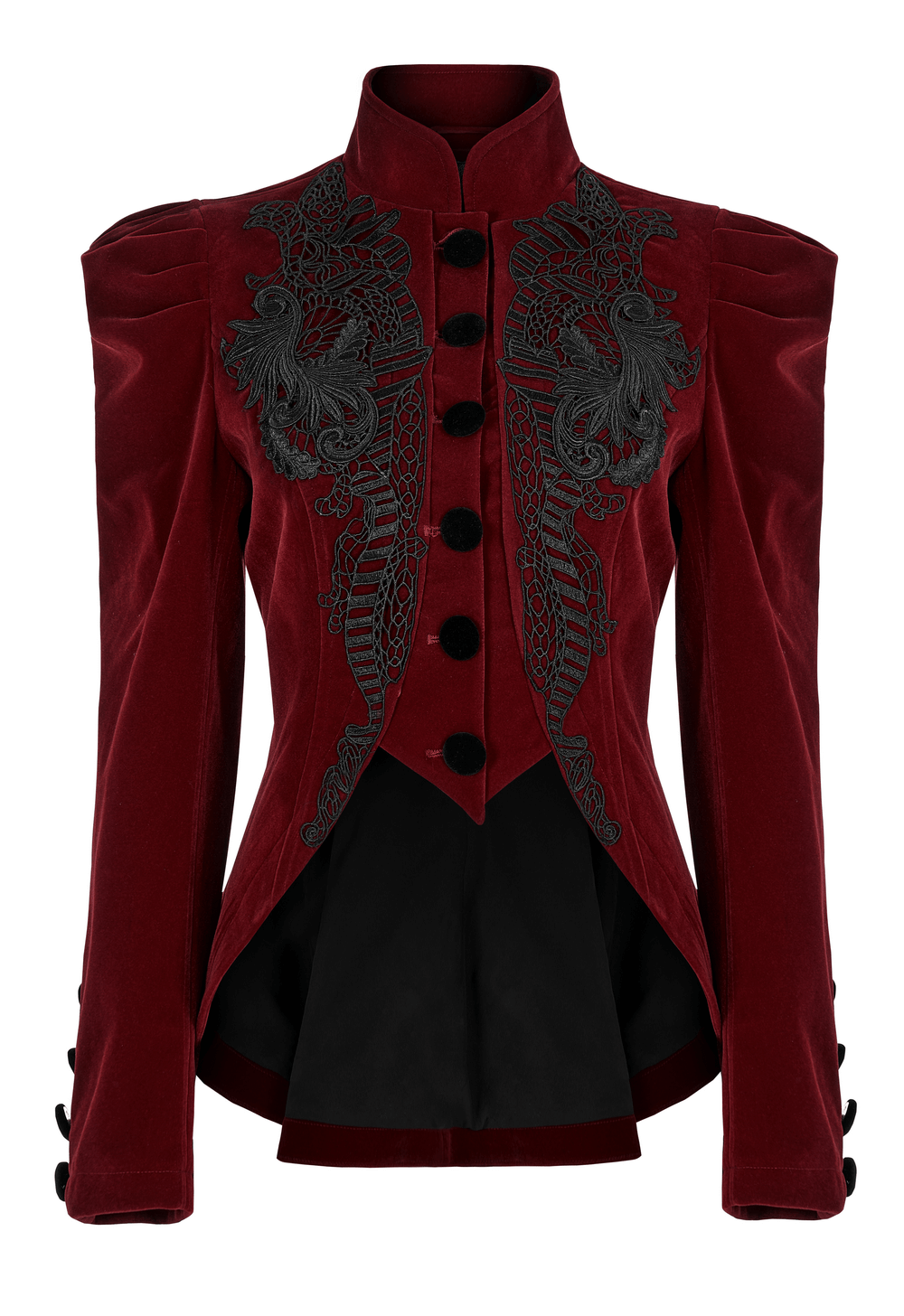 Elegant wine red Gothic velvet jacket with ornate lace trim and decorative buttons.