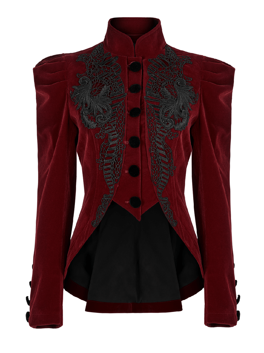 Elegant wine red Gothic velvet jacket with ornate lace trim and decorative buttons.