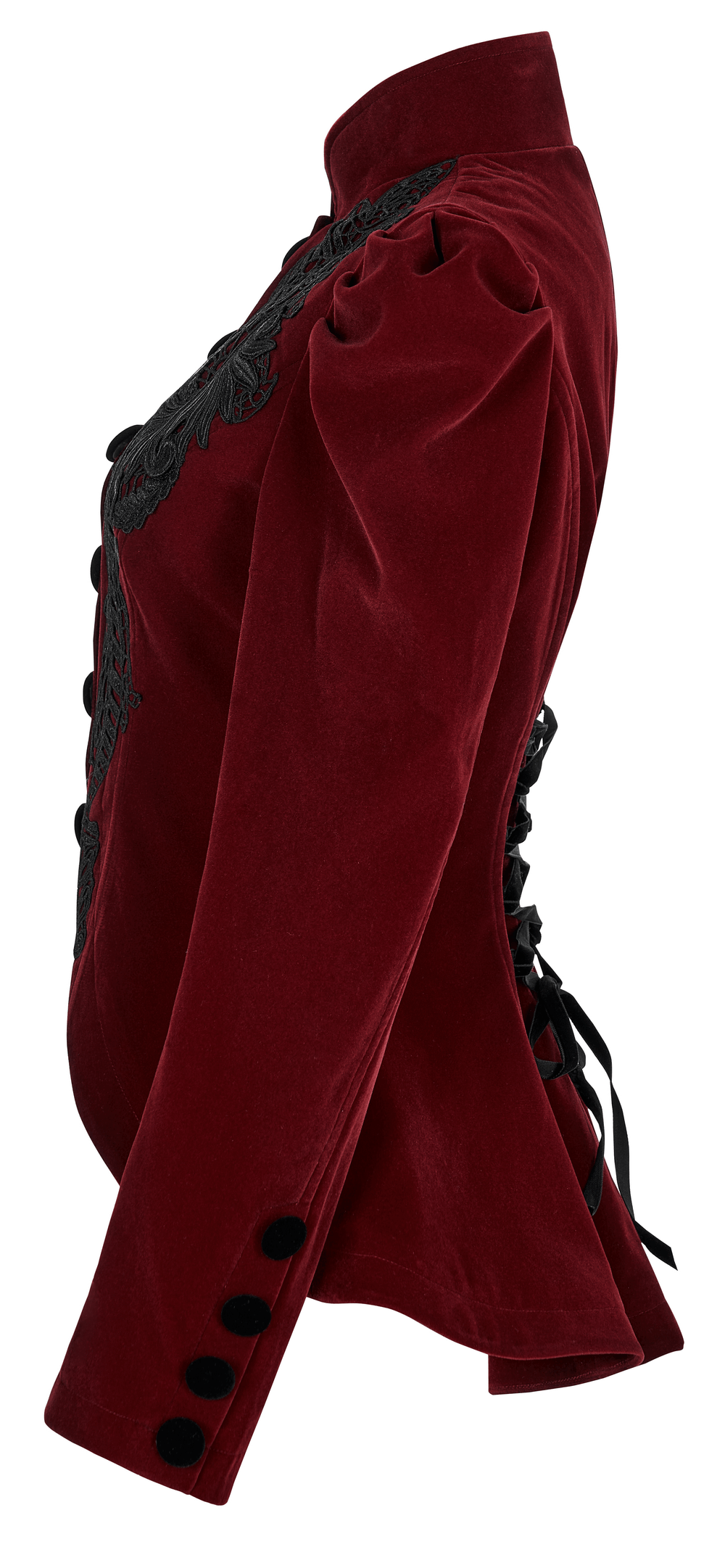 Elegant wine red Gothic lace trim velvet jacket with decorative slit cuffs, showcasing luxurious texture and tailored fit.