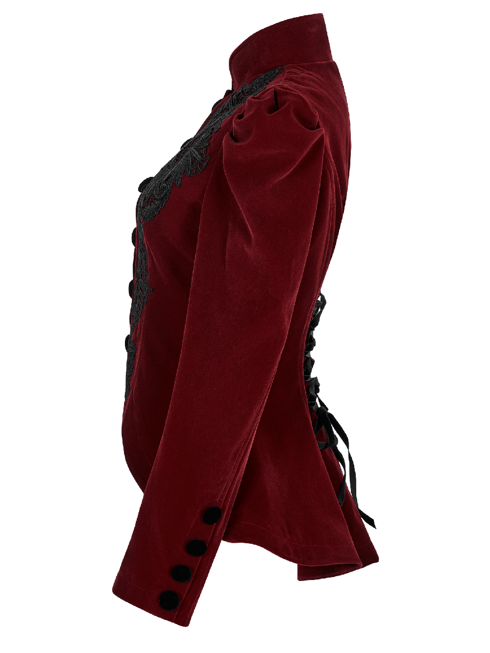 Elegant wine red Gothic lace trim velvet jacket with decorative slit cuffs, showcasing luxurious texture and tailored fit.