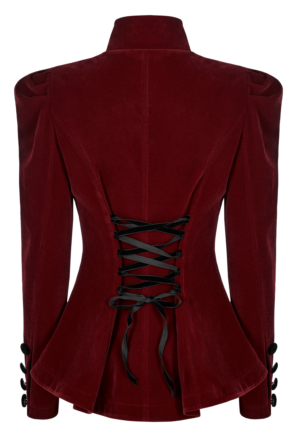 Back view of an elegant wine red Gothic velvet jacket with lace-up detail and tailored fit.