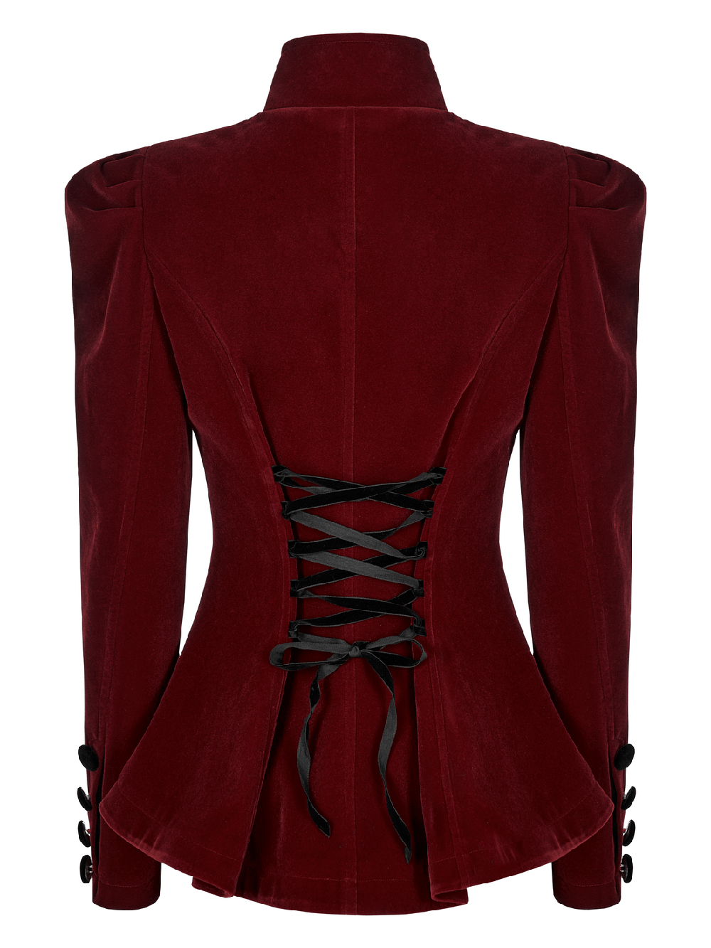 Back view of an elegant wine red Gothic velvet jacket with lace-up detail and tailored fit.