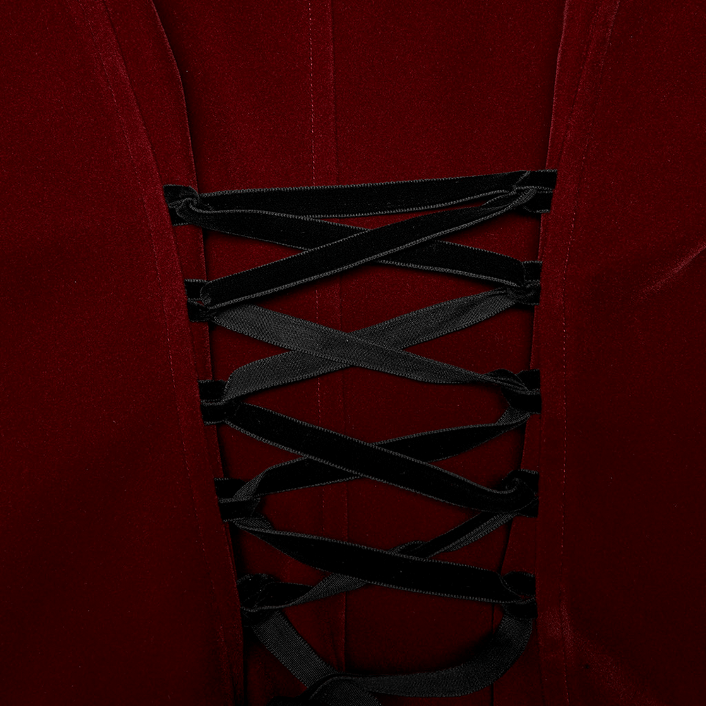 Close-up of the intricate black lace-up detail on a wine red velvet Gothic jacket, showcasing its elegant design.