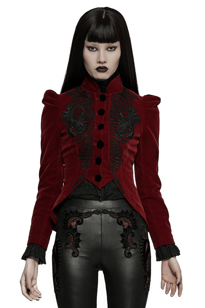 Gothic wine red velvet jacket with lace trim worn by model against a white background.