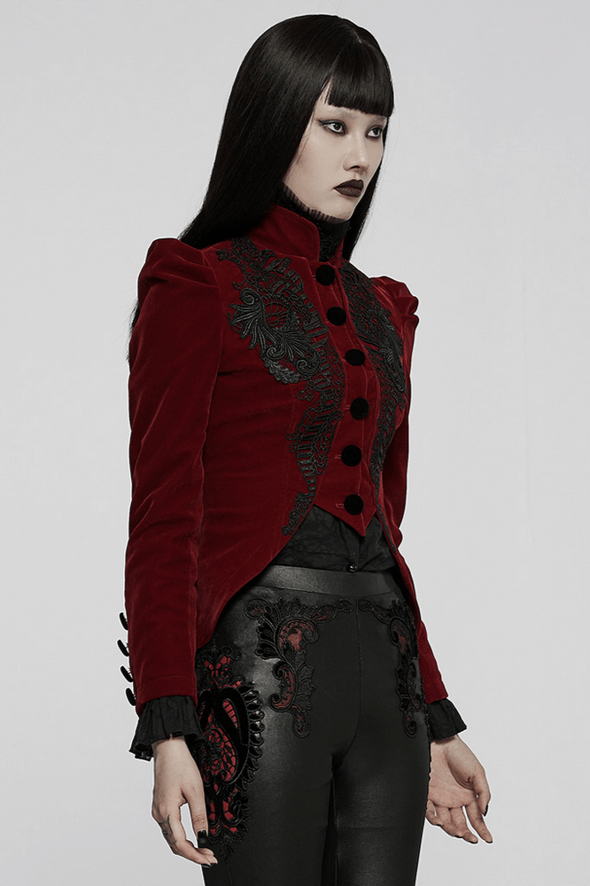 Elegant Wine Red Gothic Lace Trim Velvet Goth Jacket - HARD'N'HEAVY