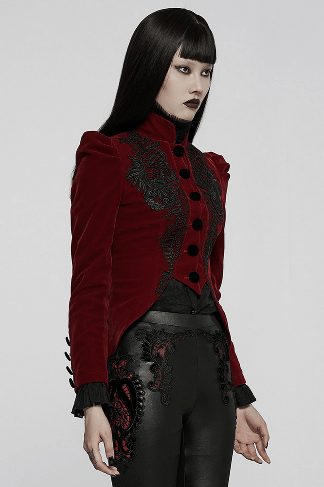 Elegant wine red Gothic velvet jacket with lace trim and ornate detailing, perfect for a chic Goth look.