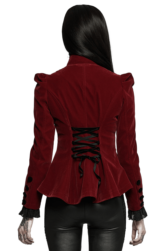 Back view of an elegant wine red Gothic velvet jacket with lace-up detail and ruffled shoulders.