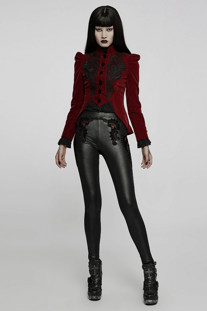 Elegant Wine Red Gothic Lace Trim Velvet Goth Jacket - HARD'N'HEAVY