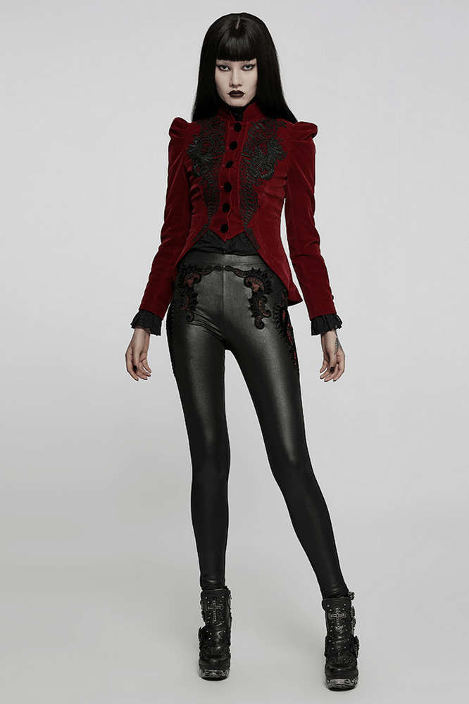 Elegant wine red Gothic lace trim velvet jacket paired with black leather leggings, showcasing a stylish gothic look.