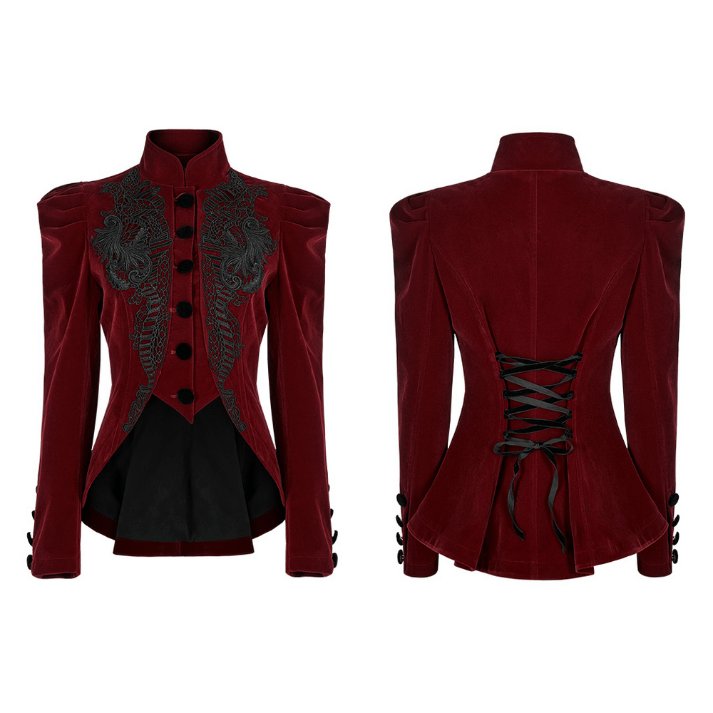 Elegant wine red Gothic velvet jacket with intricate lace and decorative button details.
