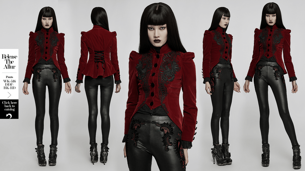 Elegant wine red gothic velvet jacket with lace trim and tailored fit, styled with sleek black leggings.