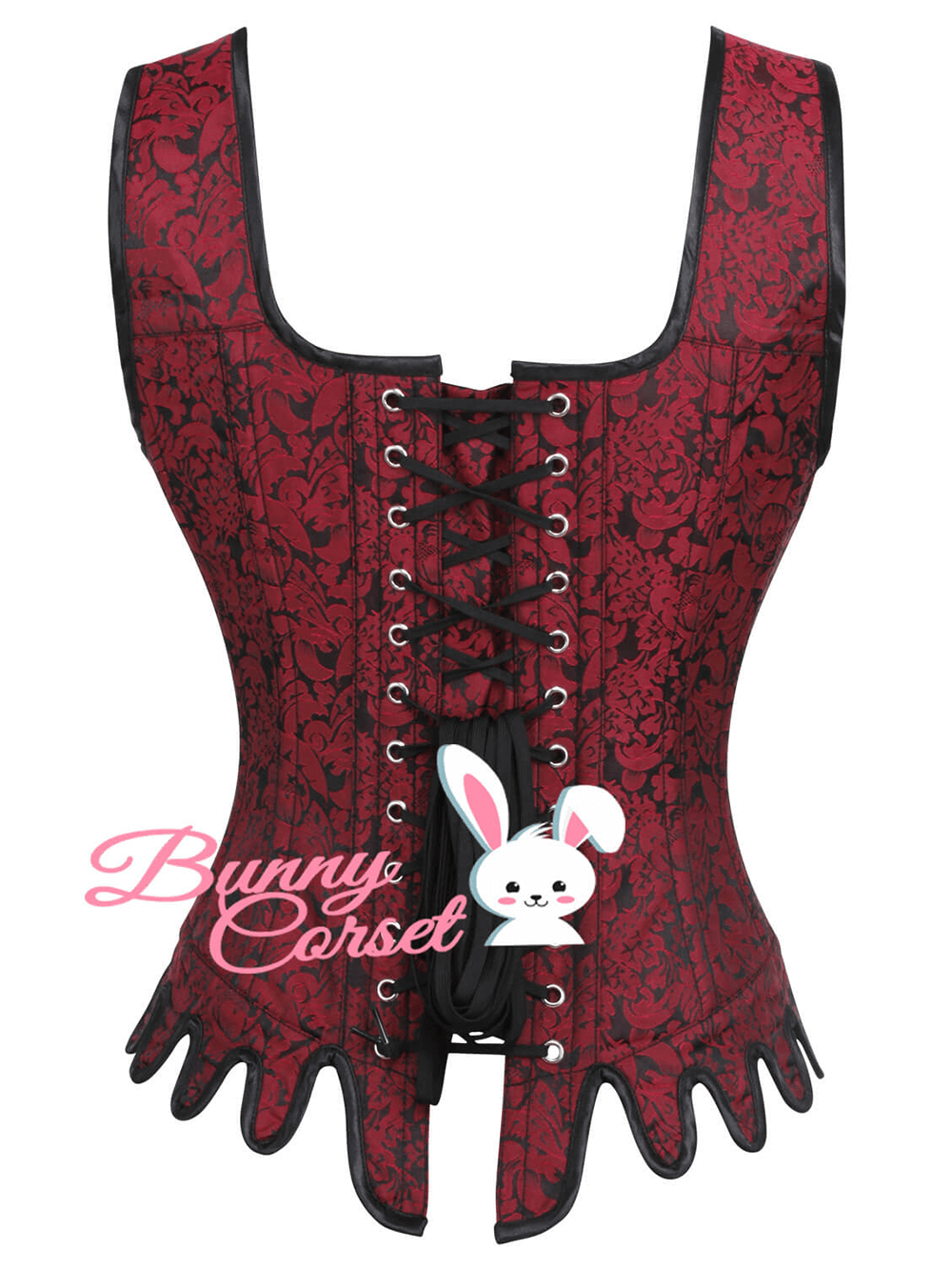 Elegant wine red overbust corset with lace-up front and stylish scalloped hem for a chic silhouette.