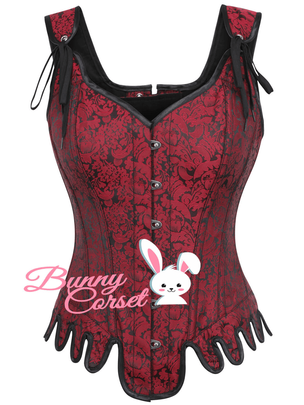 Elegant wine red overbust corset with intricate brocade design and stylish lace-up detail.