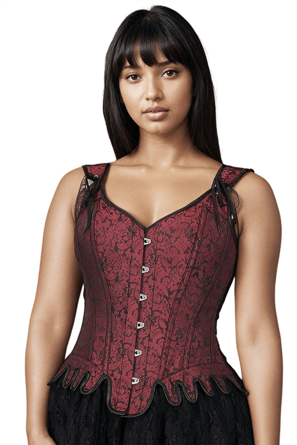 Elegant wine red overbust corset with steel bones, featuring stylish brocade design and adjustable straps.