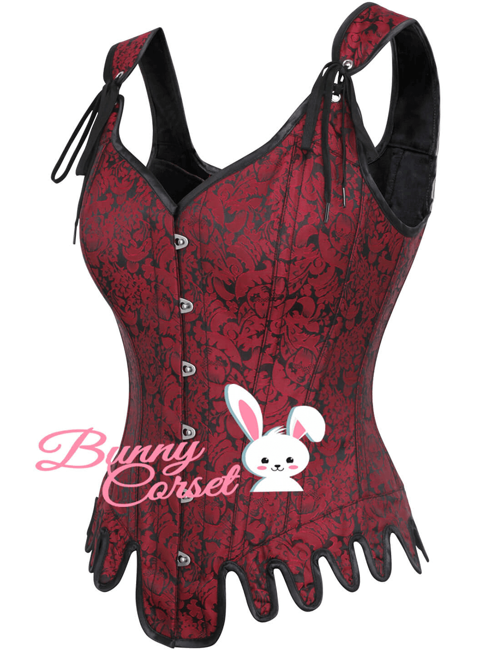 Elegant wine red brocade overbust corset with steel bones and stylish design for chic women.