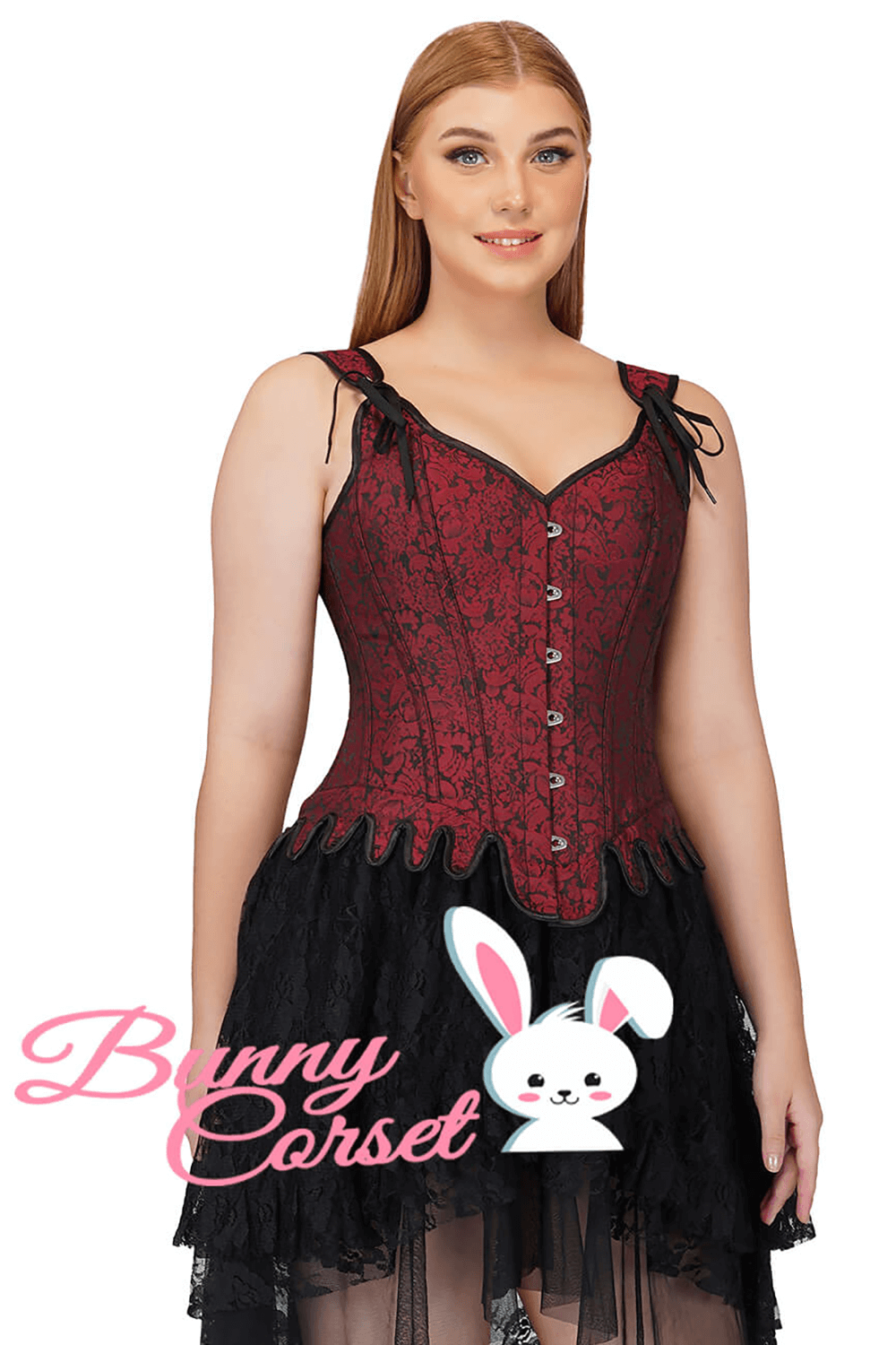 Stunning wine red overbust corset with lace trim and steel bones, perfect for stylish occasions.