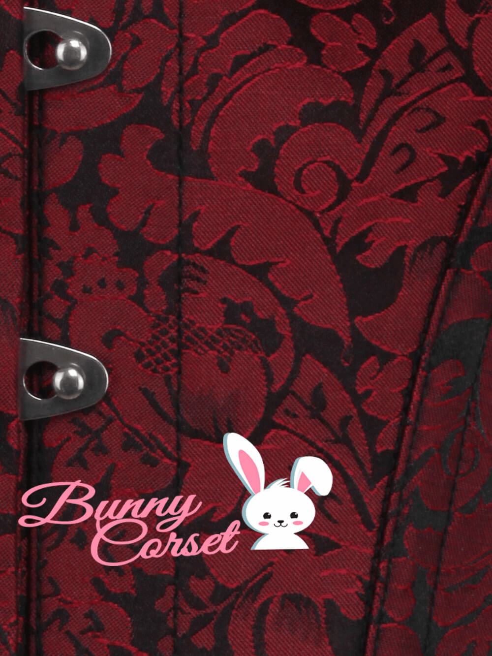 Elegant wine red brocade overbust corset with steel bones and Bunny Corset logo.