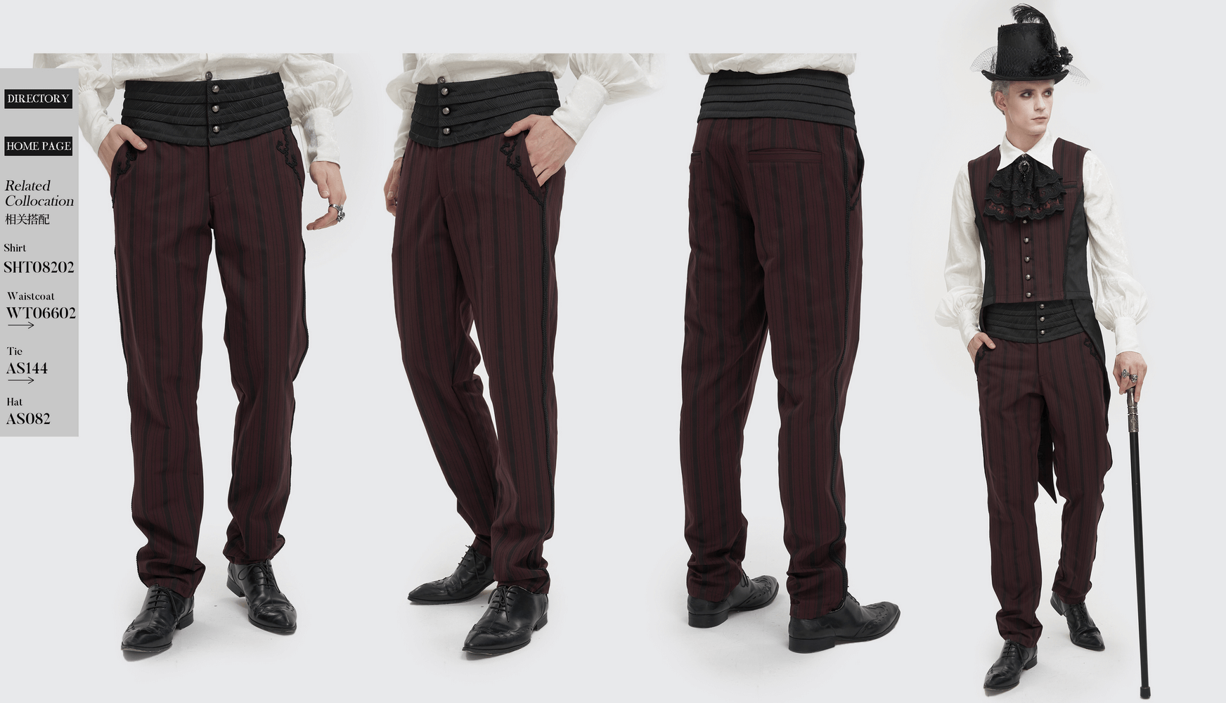 Men's elegant wine red straight high-waisted gothic pants with black belt, showcasing stylish ribbed design and tailored fit.