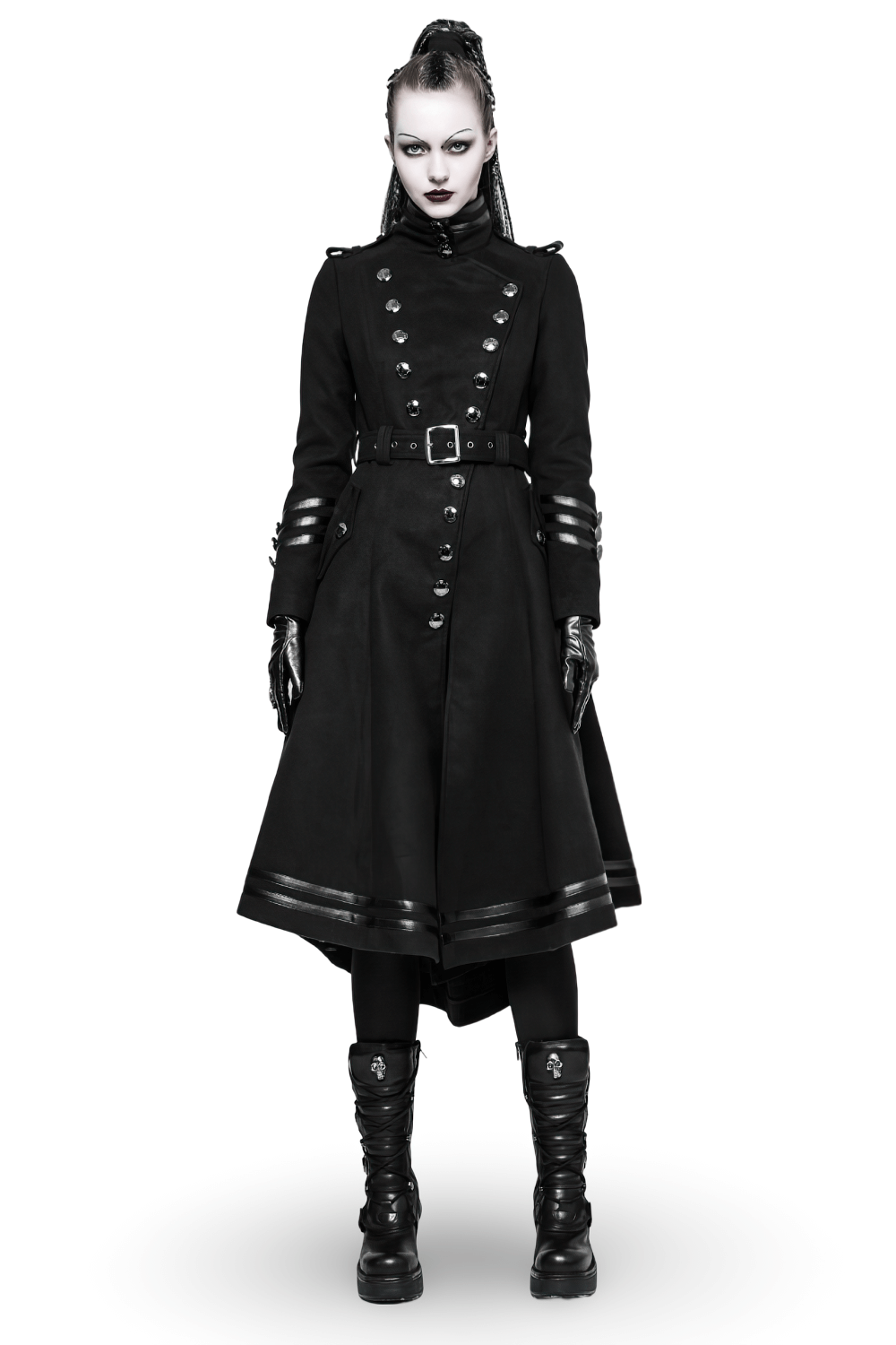 Elegant Women Gothic Black Coat with Ribbon and Pockets