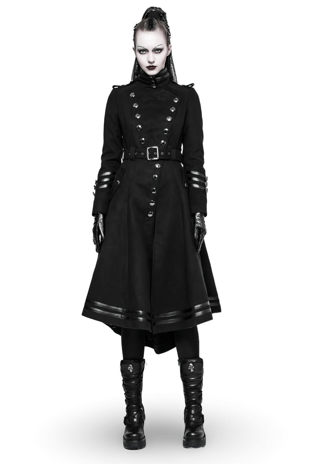 Elegant women gothic black coat with ribbon and pockets, featuring metal buttons and a dramatic wave hem.