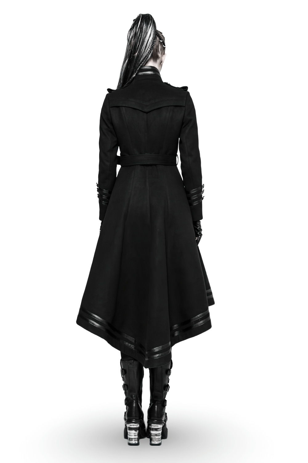 Back view of an elegant black Gothic coat with a flowing hem and stylish belt, perfect for dark fashion enthusiasts.