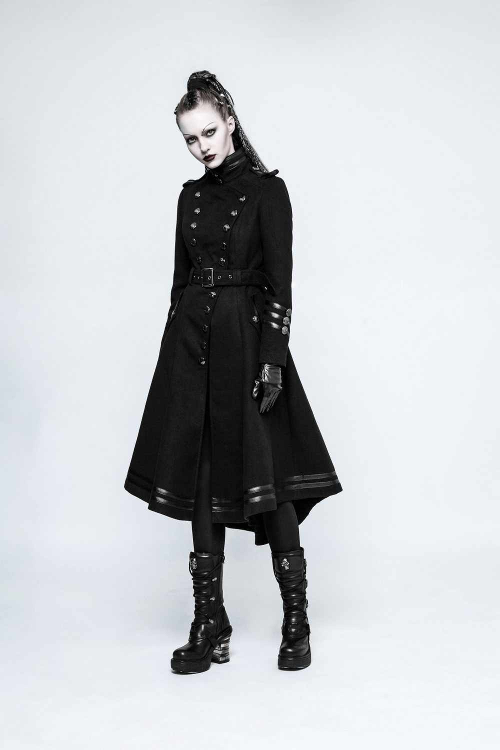 Elegant black gothic coat with pockets, asymmetrical design, and metal buttons, perfect for punk rave style.