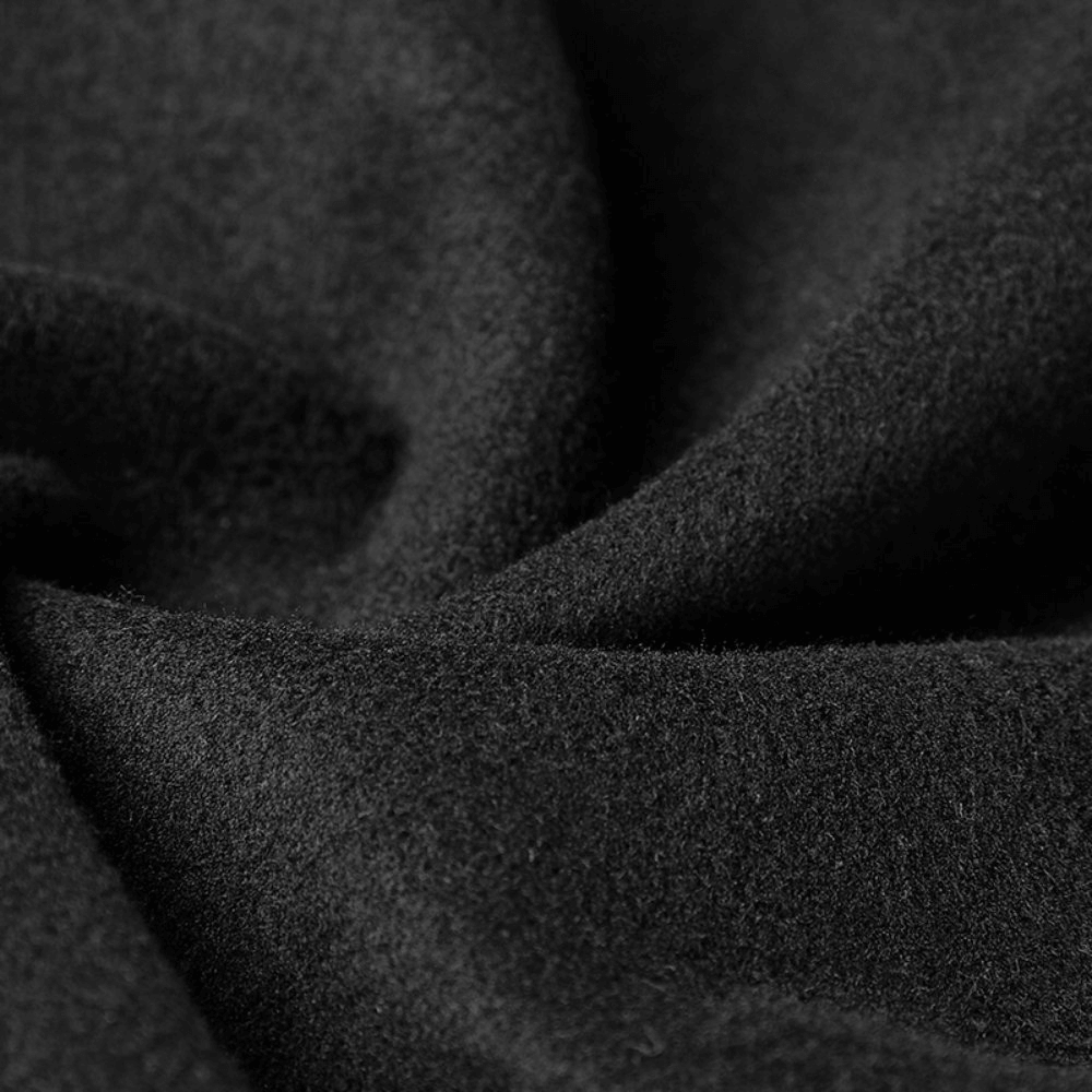 Close-up of soft, black double-sided worsted fabric ideal for Gothic and punk fashion.