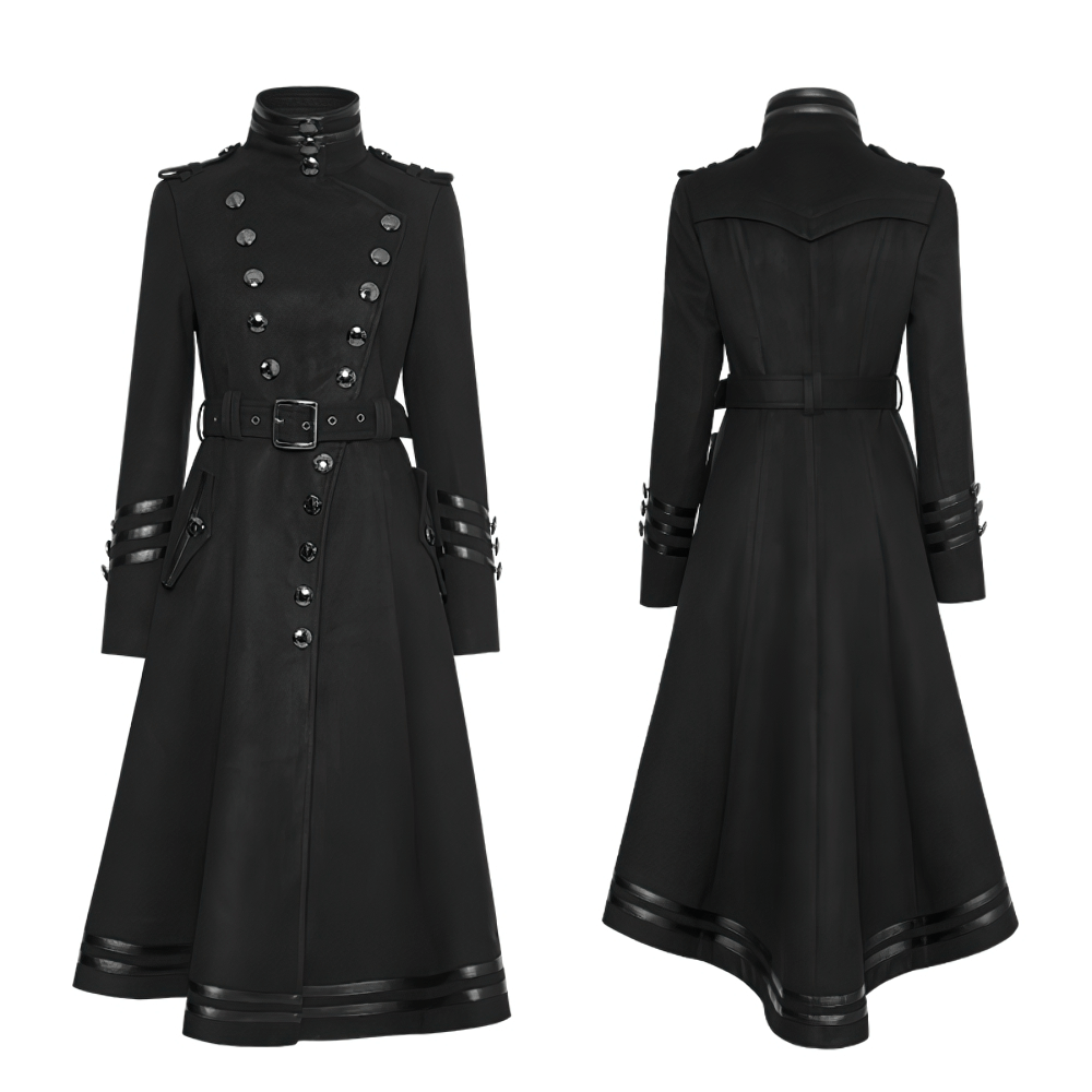Elegant black gothic coat with ribbon, pockets, and metal buttons for a stylish punk rave look.
