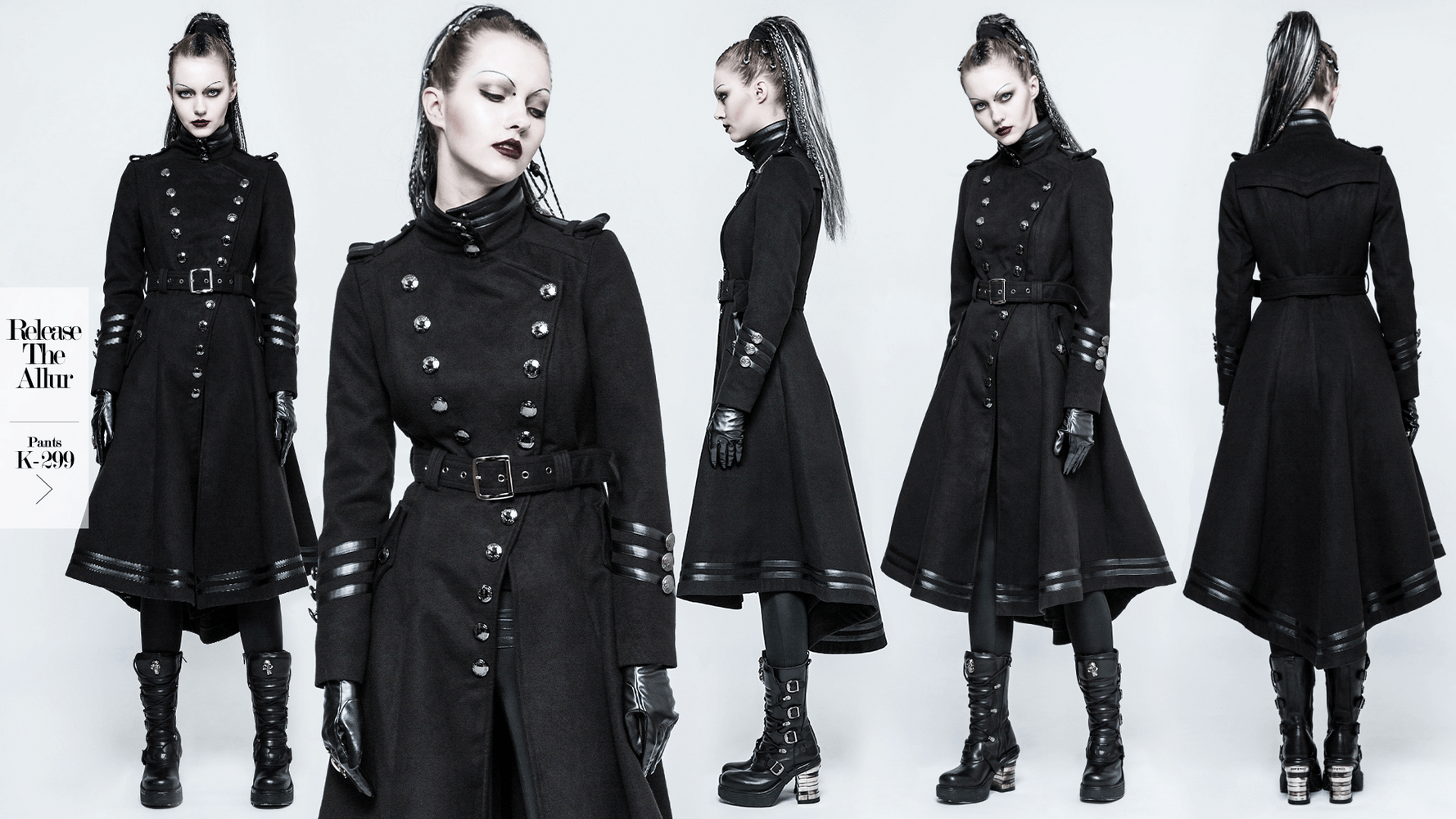 Elegant Women Gothic Black Coat with Ribbon and Pockets
