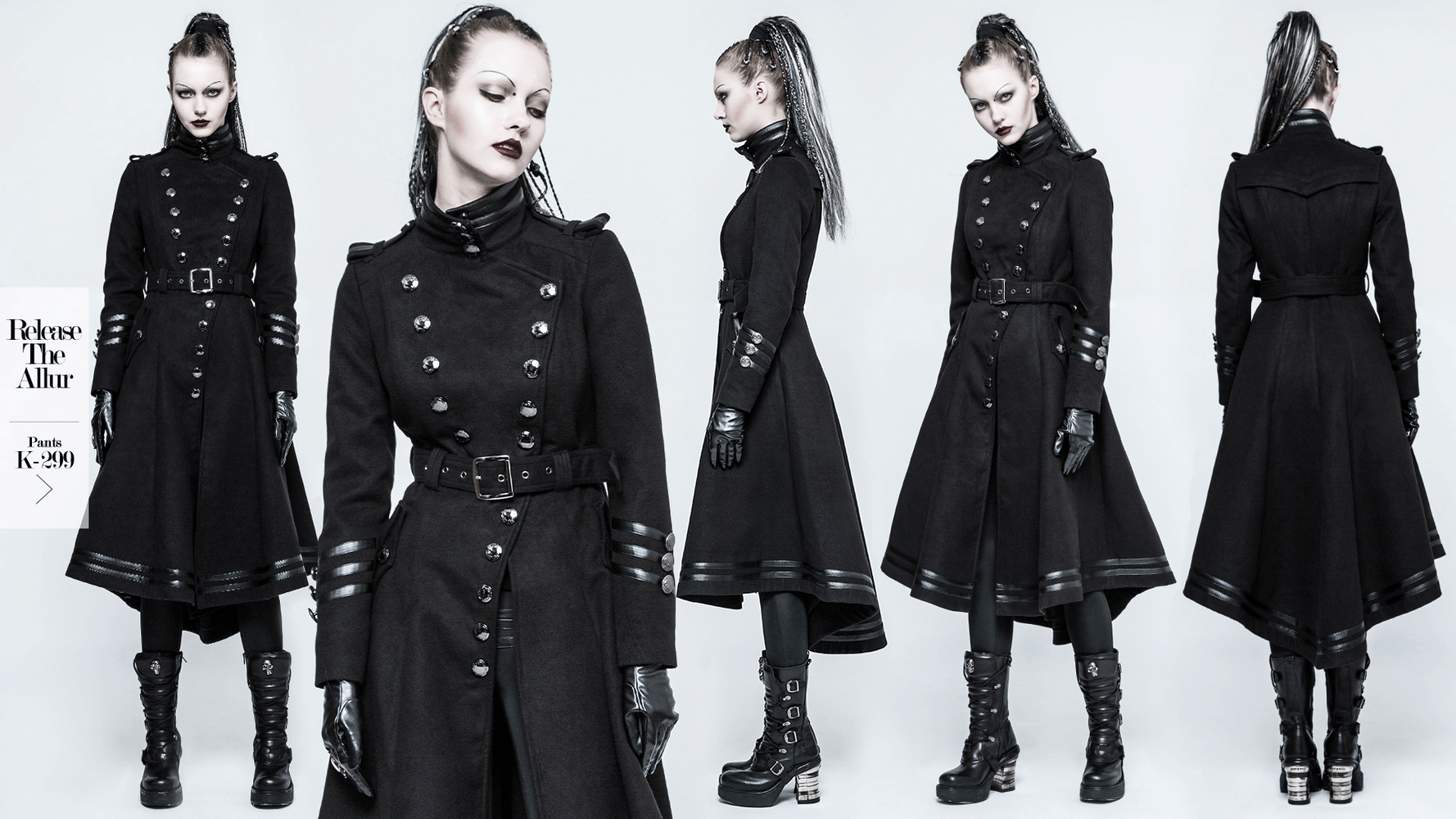 Elegant Gothic black coat with ribbon, pockets, and unique button details for women's punk rave style.