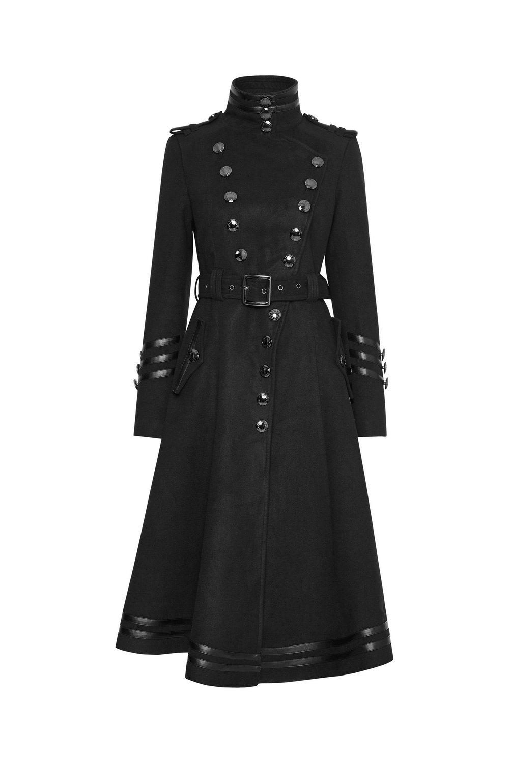 Elegant Gothic black long coat with ribbon and pockets, featuring a chic asymmetrical design and metal buttons.