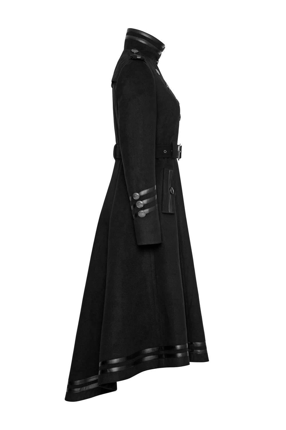 Elegant gothic black coat with ribbon, pockets, and stylish buttons for a punk rave look.
