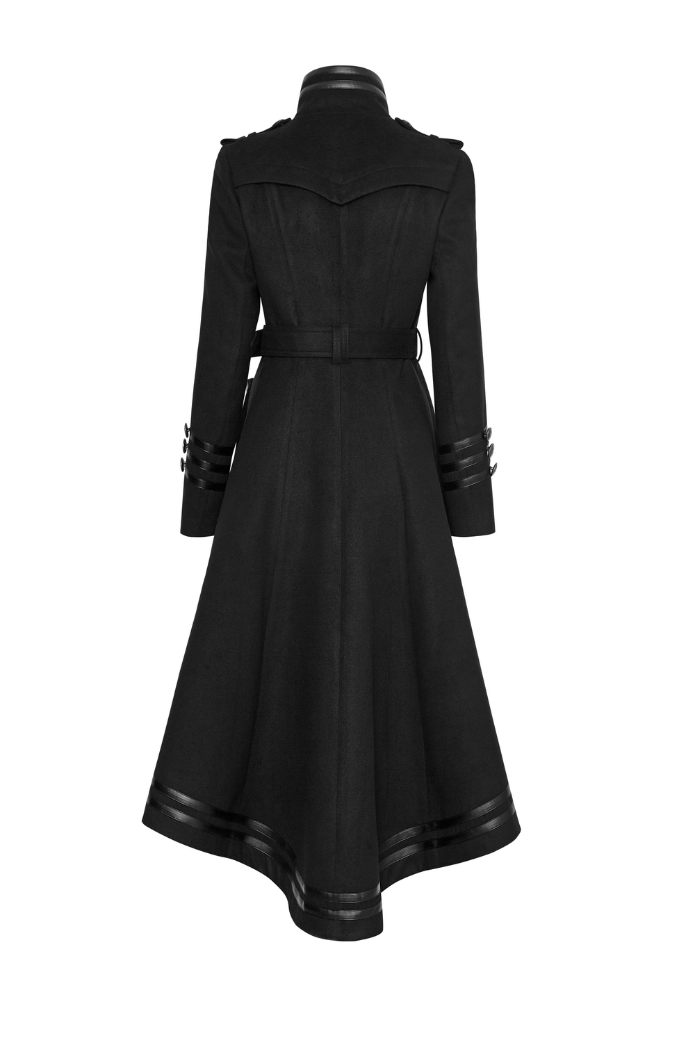 Elegant Gothic black coat with ribbon, pockets, and asymmetrical design, perfect for a stylish punk rave look.