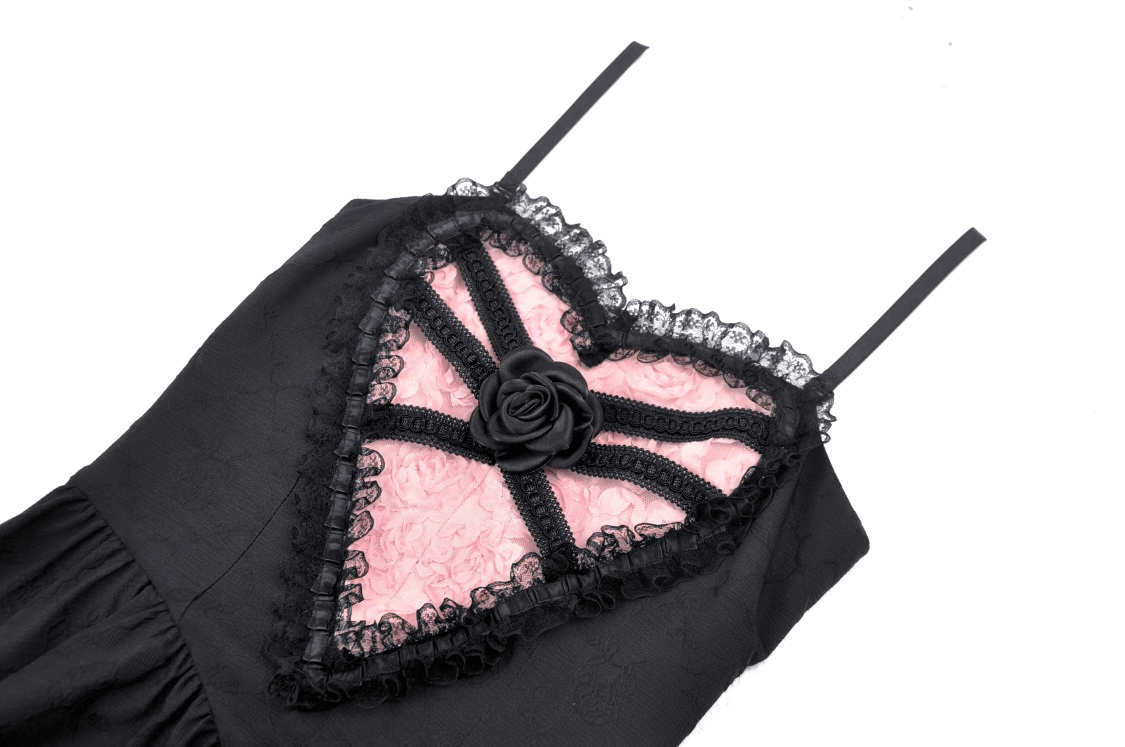 Elegant Women's Black Dress with Pink Lace Detailing
