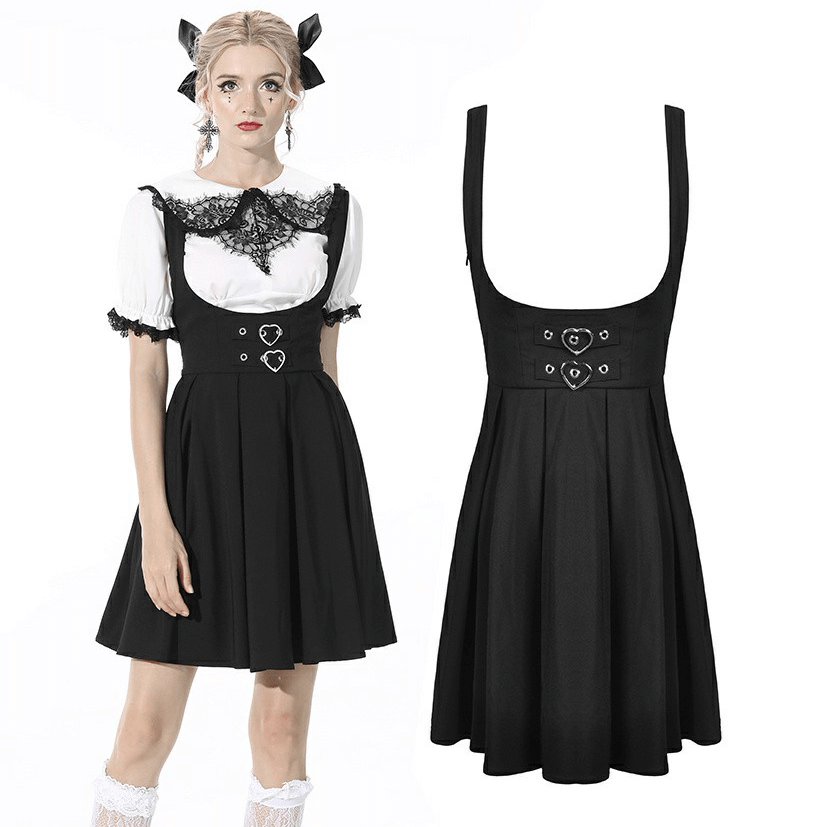 Elegant black dress with unique belt detail and A-line silhouette, perfect for chic evening wear.