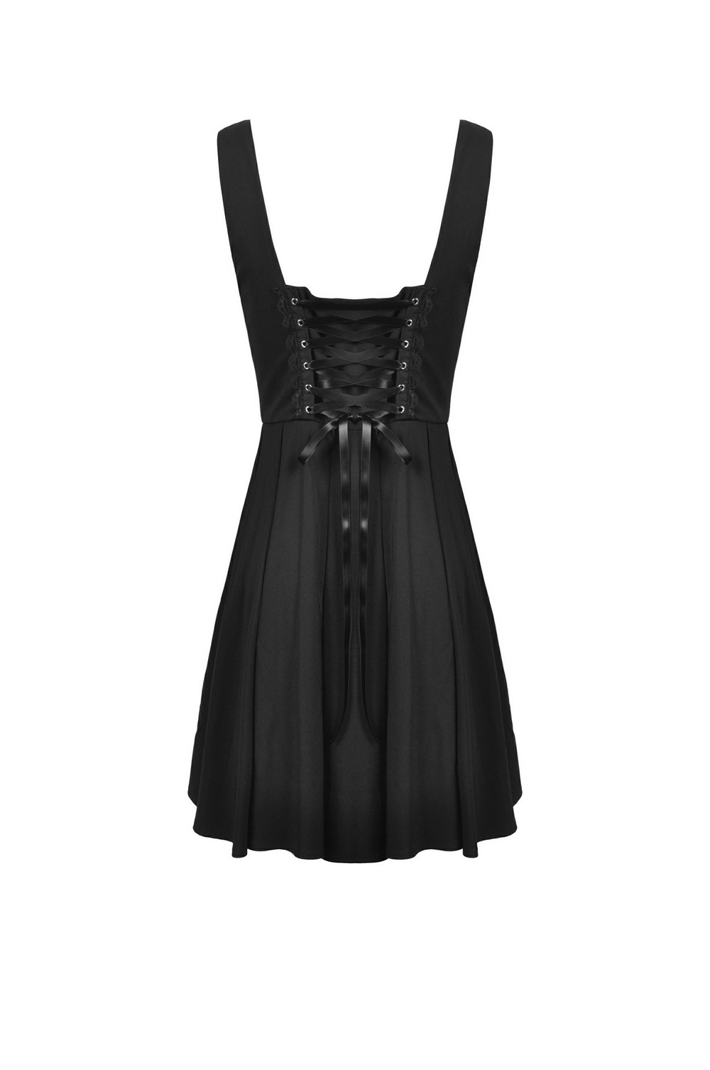 Elegant black dress featuring a unique lace-up back and flared skirt, perfect for chic evening events.
