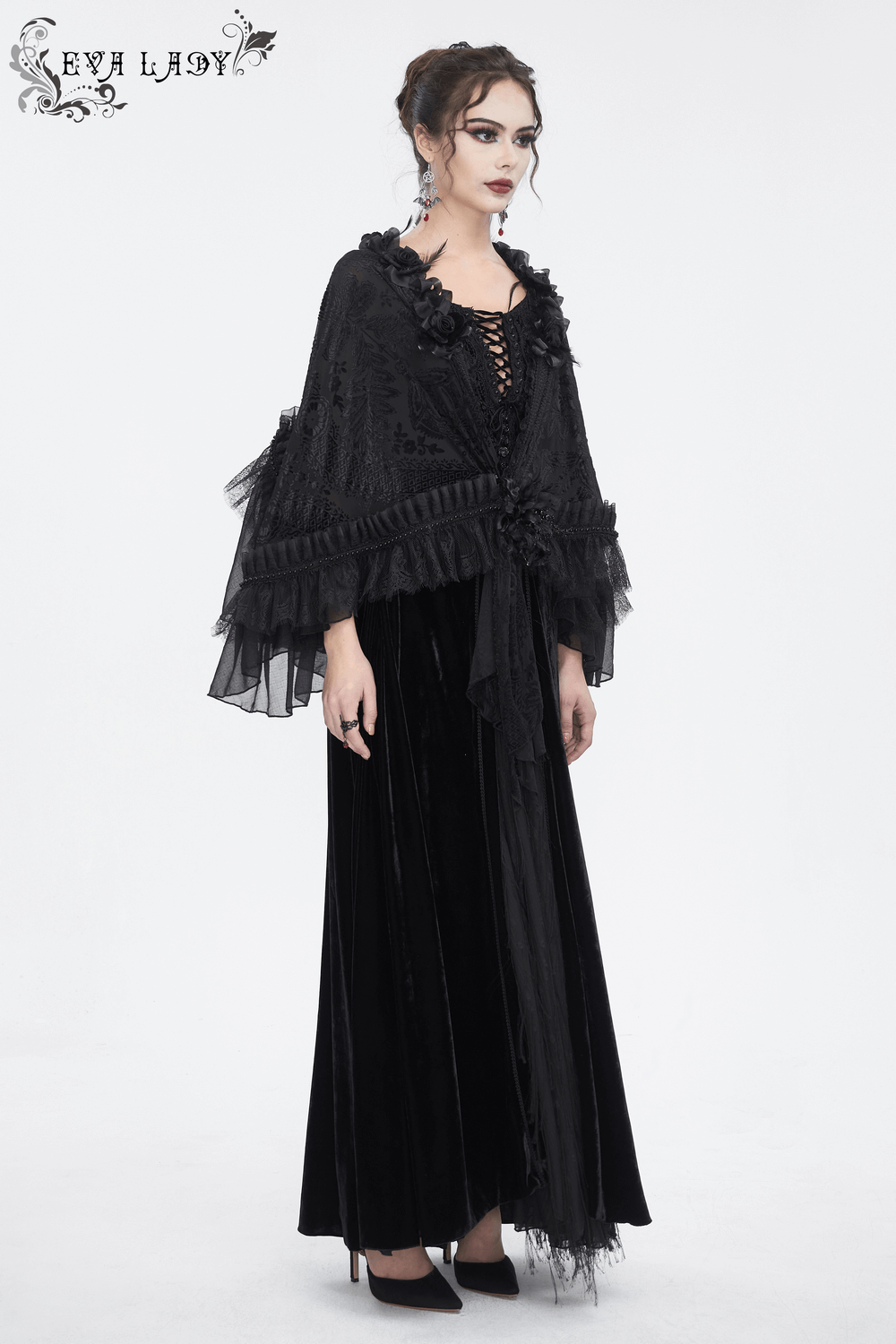 Elegant Women's Black Lace Cape with Gothic Flowers