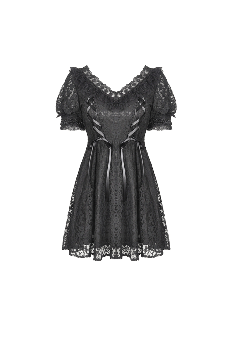 Elegant women's black lace dress with ribbon detail and puff sleeves, perfect for gothic style fashion.